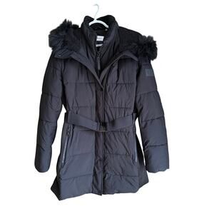 Calvin Klein Women's Black Quilted Parka Puffer Coat Faux Fur Belted Hood Sz L